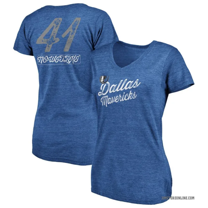 Dirk Nowitzki Women's Royal Dallas Mavericks Sideline V-Neck T-Shirt